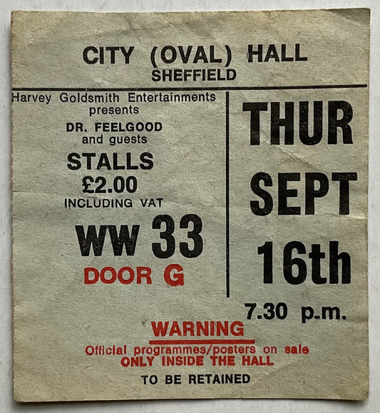 Dr Feelgood Original Used Concert Ticket City Hall Sheffield 16th Sep 1976