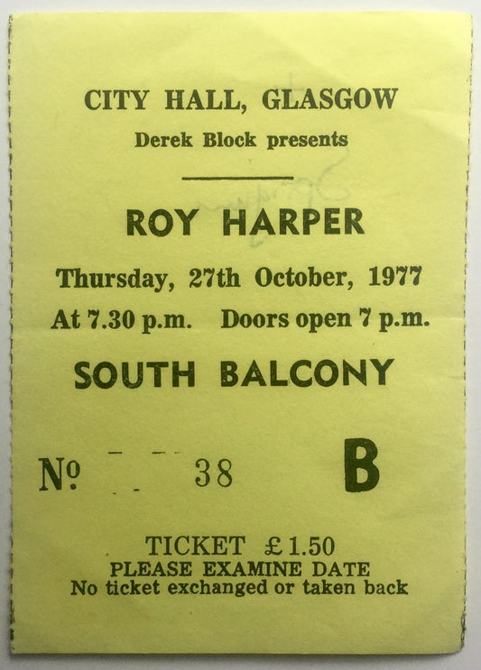 Roy Harper Original Used Concert Ticket City Hall Glasgow 27th Oct 1977