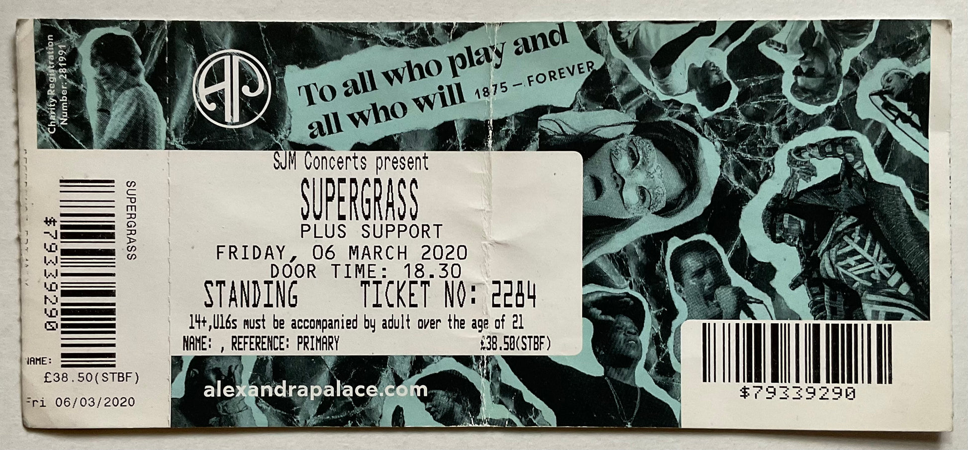 Supergrass Original Unused Concert Ticket Alexandra Palace London 6th Mar 2020