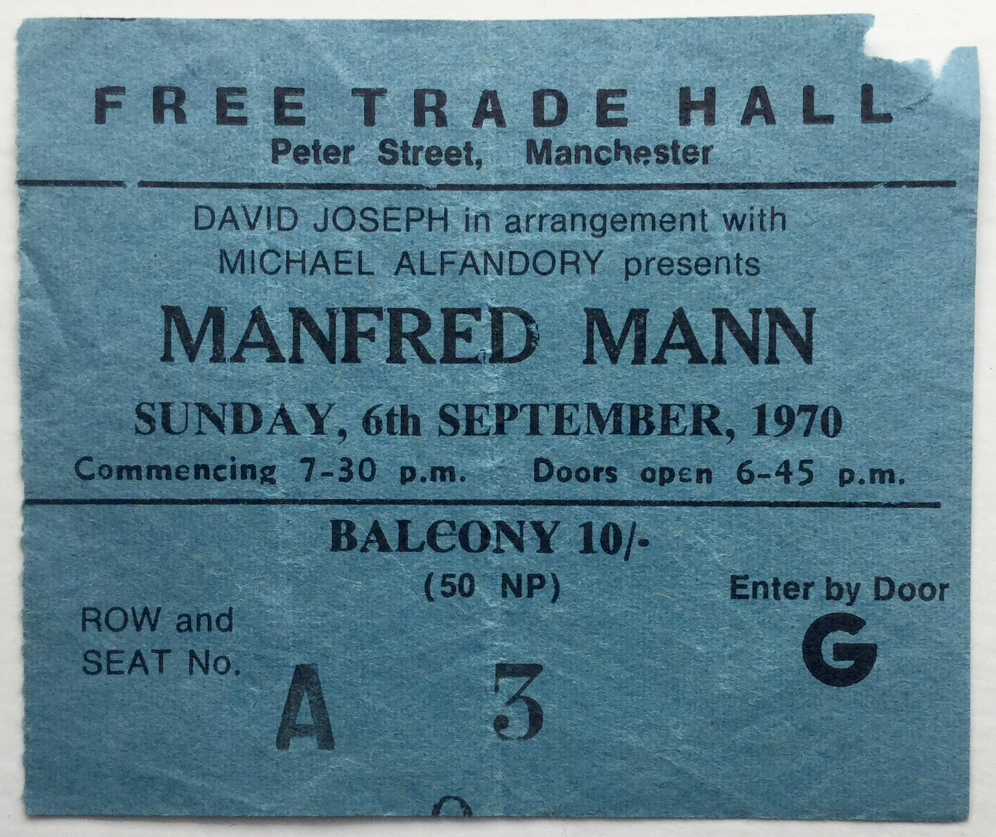 Manfred Mann Original Used Concert Ticket Free Trade Hall Manchester 6th Sept 1970