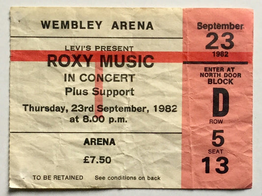 Roxy Music Original Used Concert Ticket Wembley London 23rd Sept 1982