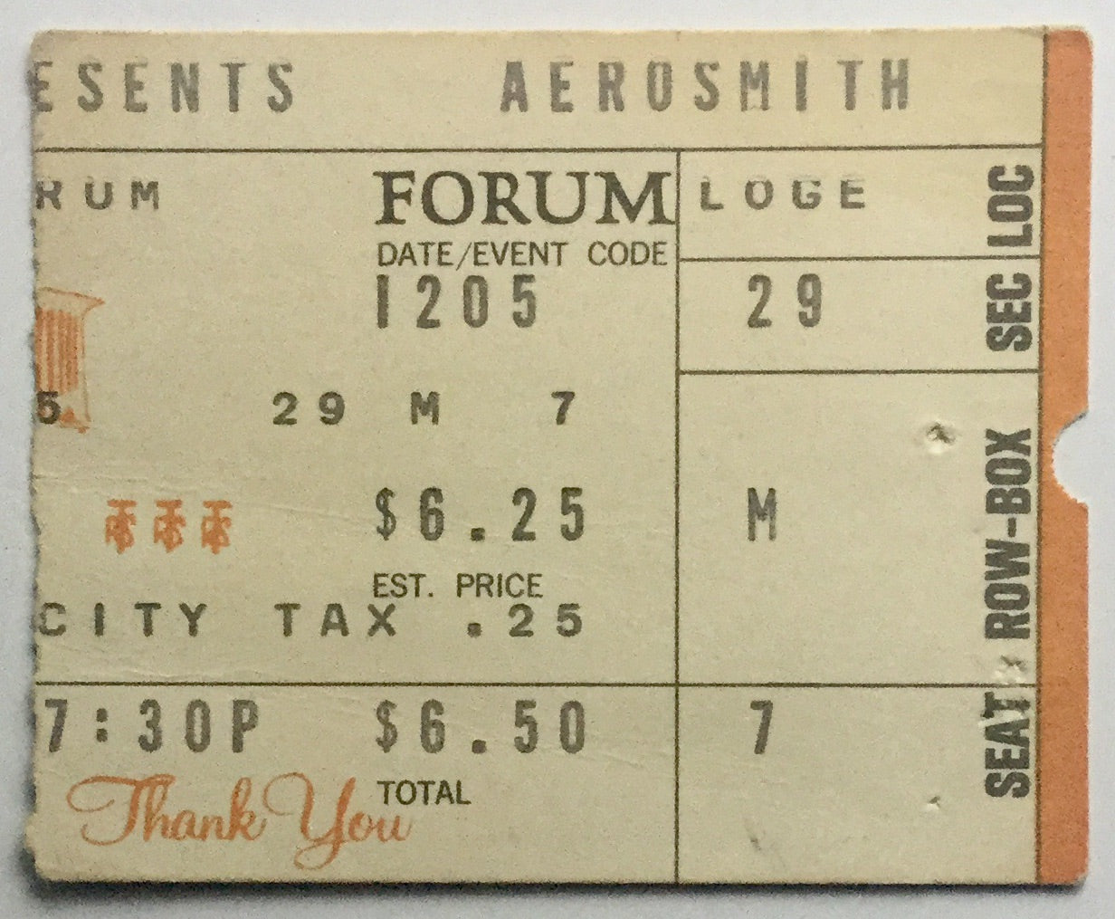 Aerosmith Original Used Concert Ticket The Forum Los Angeles 5th Dec 1975