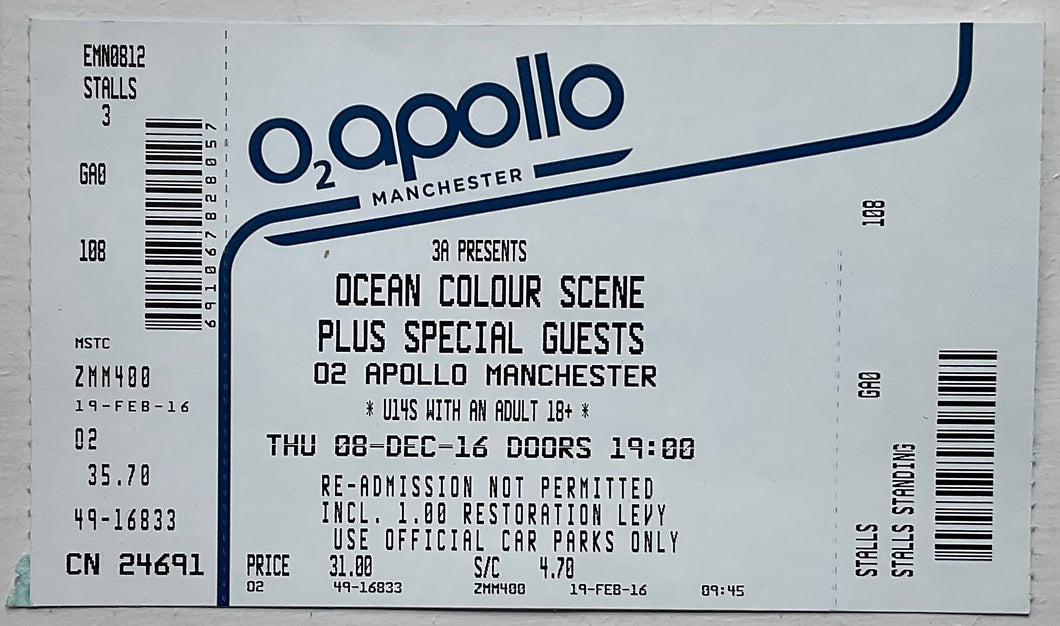 Ocean Colour Scene Original Unused Concert Ticket O2 Apollo Manchester 8th Dec 2016