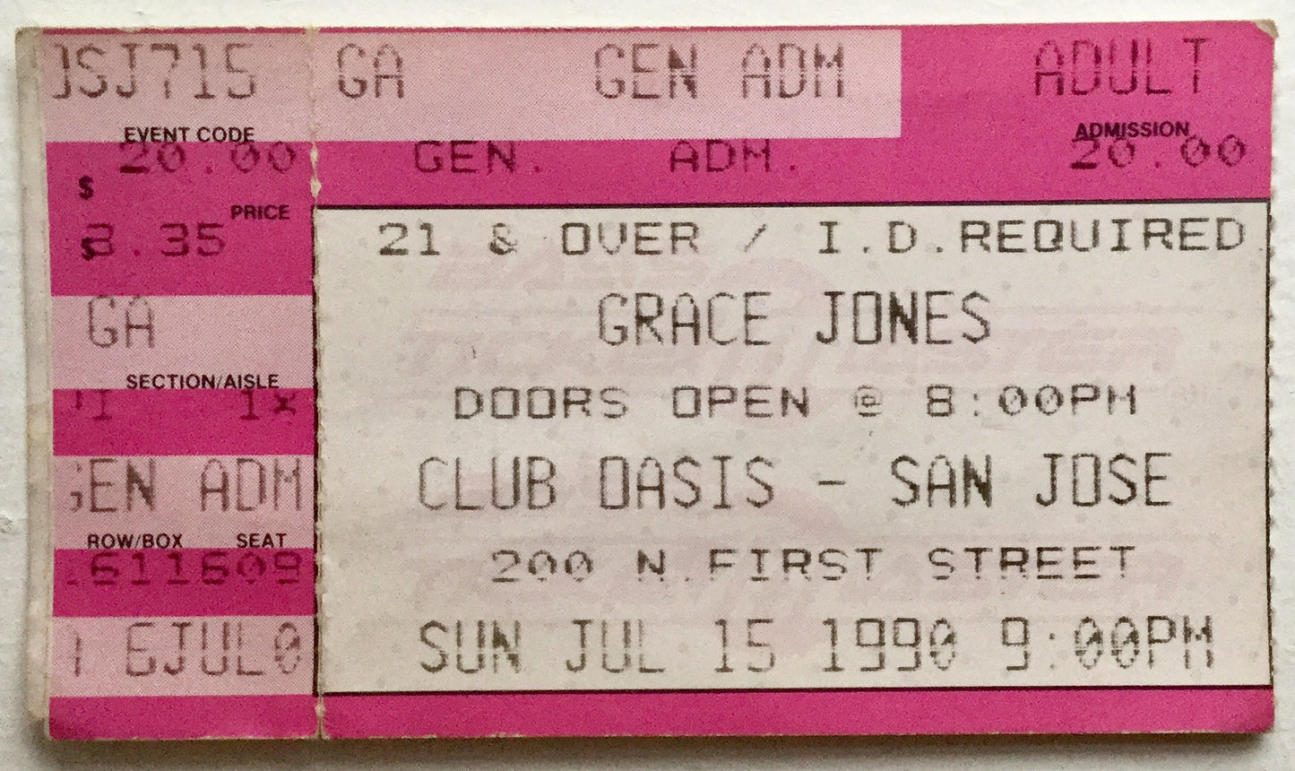 Grace Jones Original Used Concert Ticket Club Oasis San Jose 15th July 1990