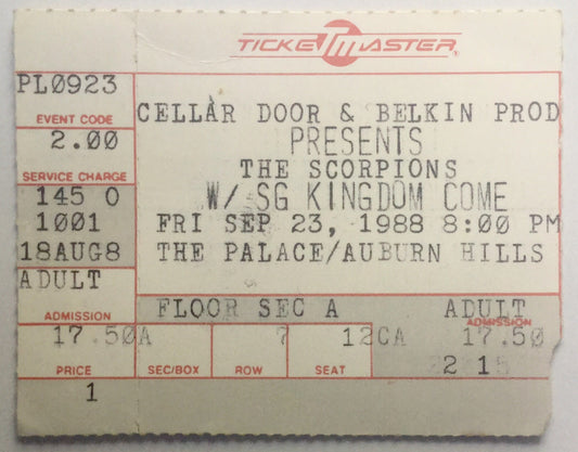 Scorpions Original Used Concert Ticket The Palace Auburn Hills 23rd Sept 1988