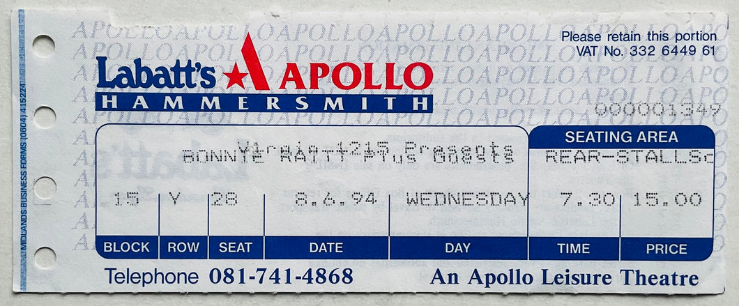 Bonnie Raitt Original Used Concert Ticket Hammersmith Apollo London 8th Jun 1994