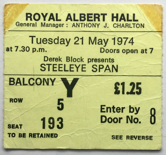 Steeleye Span Original Used Concert Ticket Royal Albert Hall London 21st May 1974