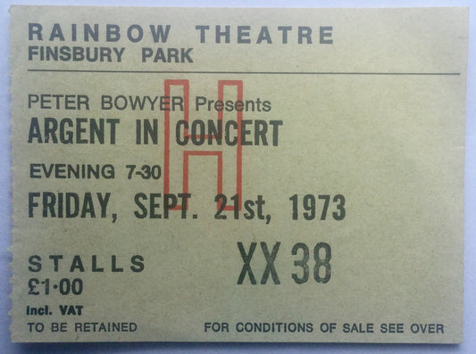 Argent Original Used Concert Ticket Rainbow Theatre London 21st Sept 1973