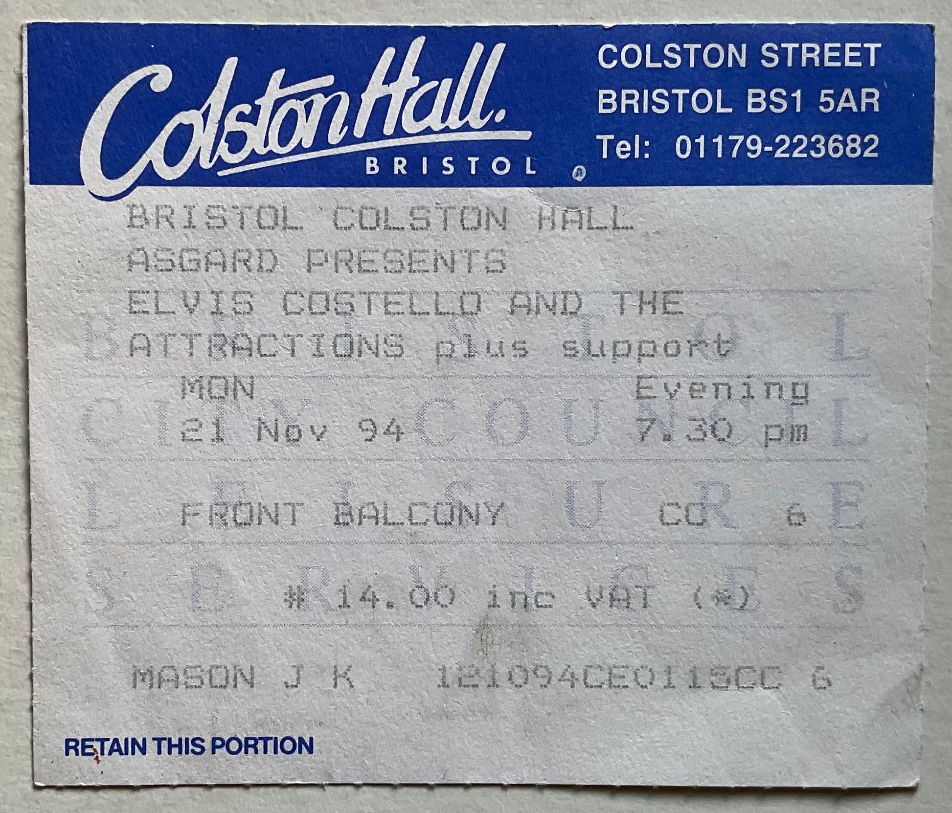 Elvis Costello & The Attractions Original Used Concert Ticket Colston Hall Bristol 21st Nov 1994