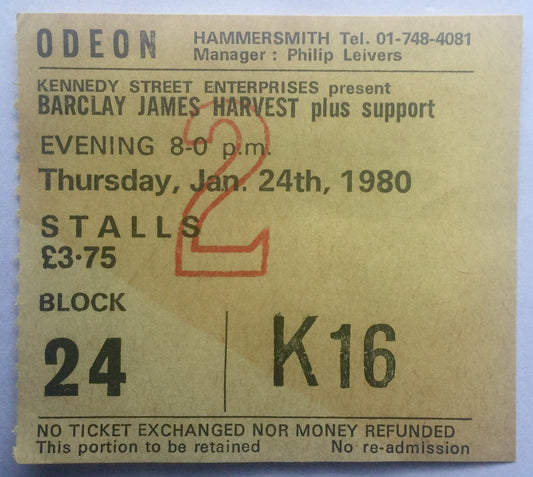 Barclay James Harvest Original Used Concert Ticket Hammersmith Odeon London 24th Jan 1980