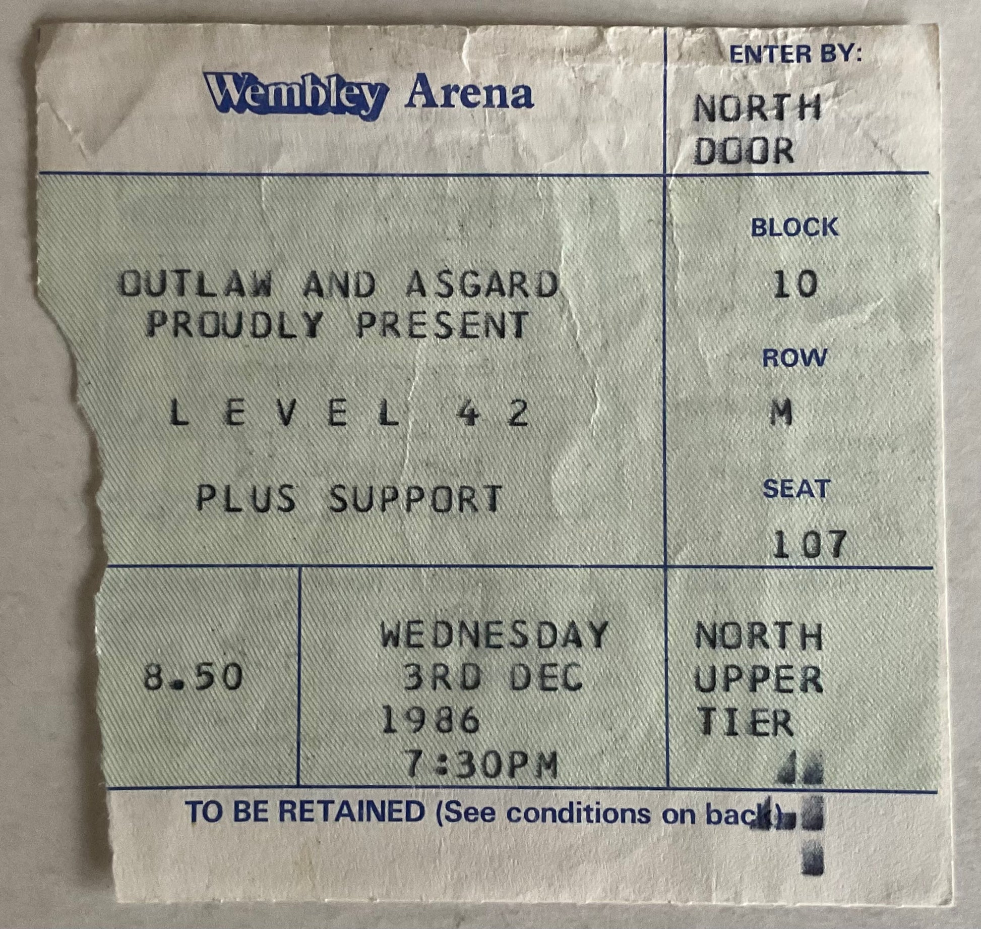 Level 42 Original Used Concert Ticket Wembley Arena 3rd Dec 1986