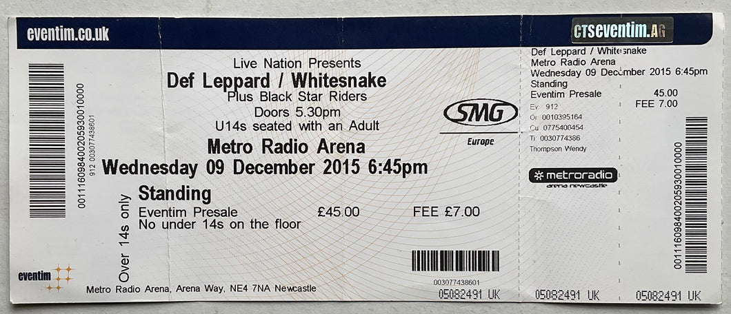 Def Leppard Whitesnake Original Unused Concert Ticket Metro Radio Arena Newcastle 9th Dec 2015