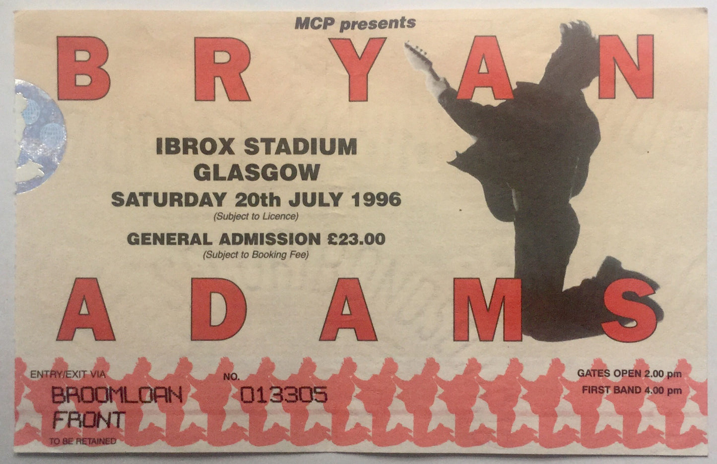 Bryan Adams Original Used Concert Ticket Ibrox Stadium Glasgow 20th July 1996