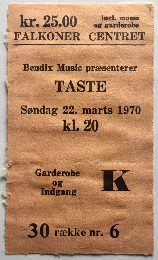 Taste Rory Gallagher Original Concert Ticket Falkoner Centret Copenhagen 22nd Mar 1970