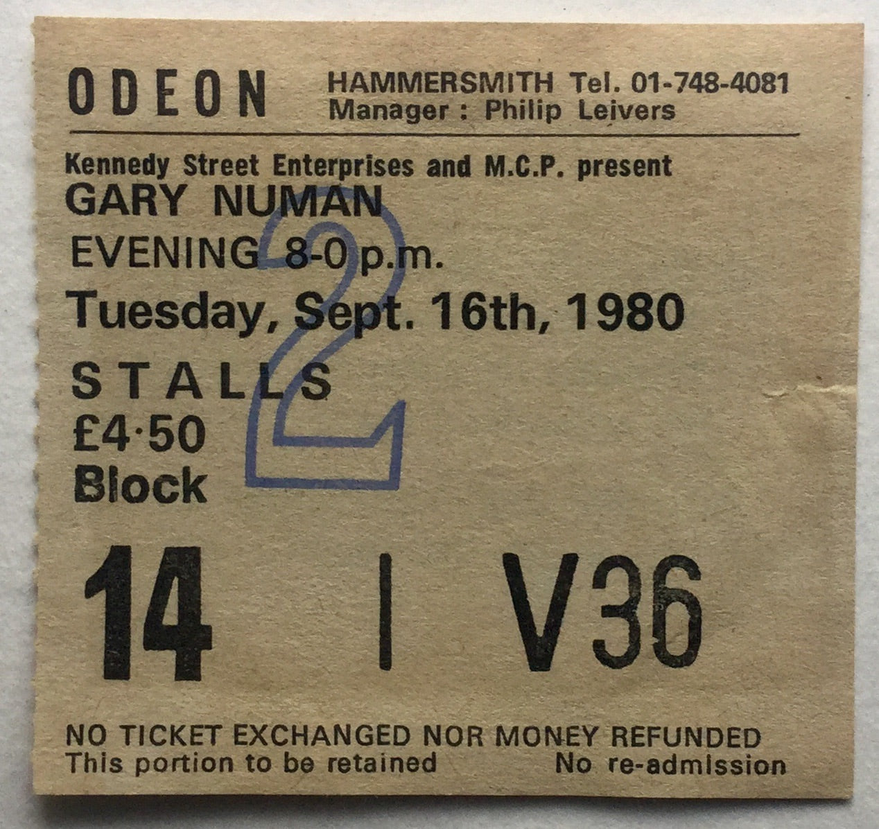 Gary Numan Original Used Concert Ticket Hammersmith Odeon London 16th Sept 1980