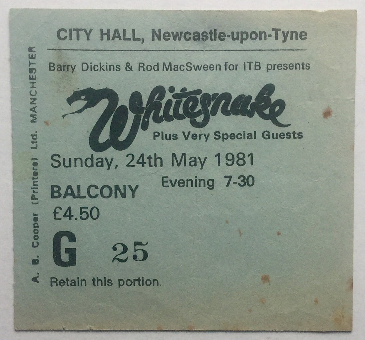 Whitesnake Original Used Concert Ticket City Hall Newcastle 24th May 1981