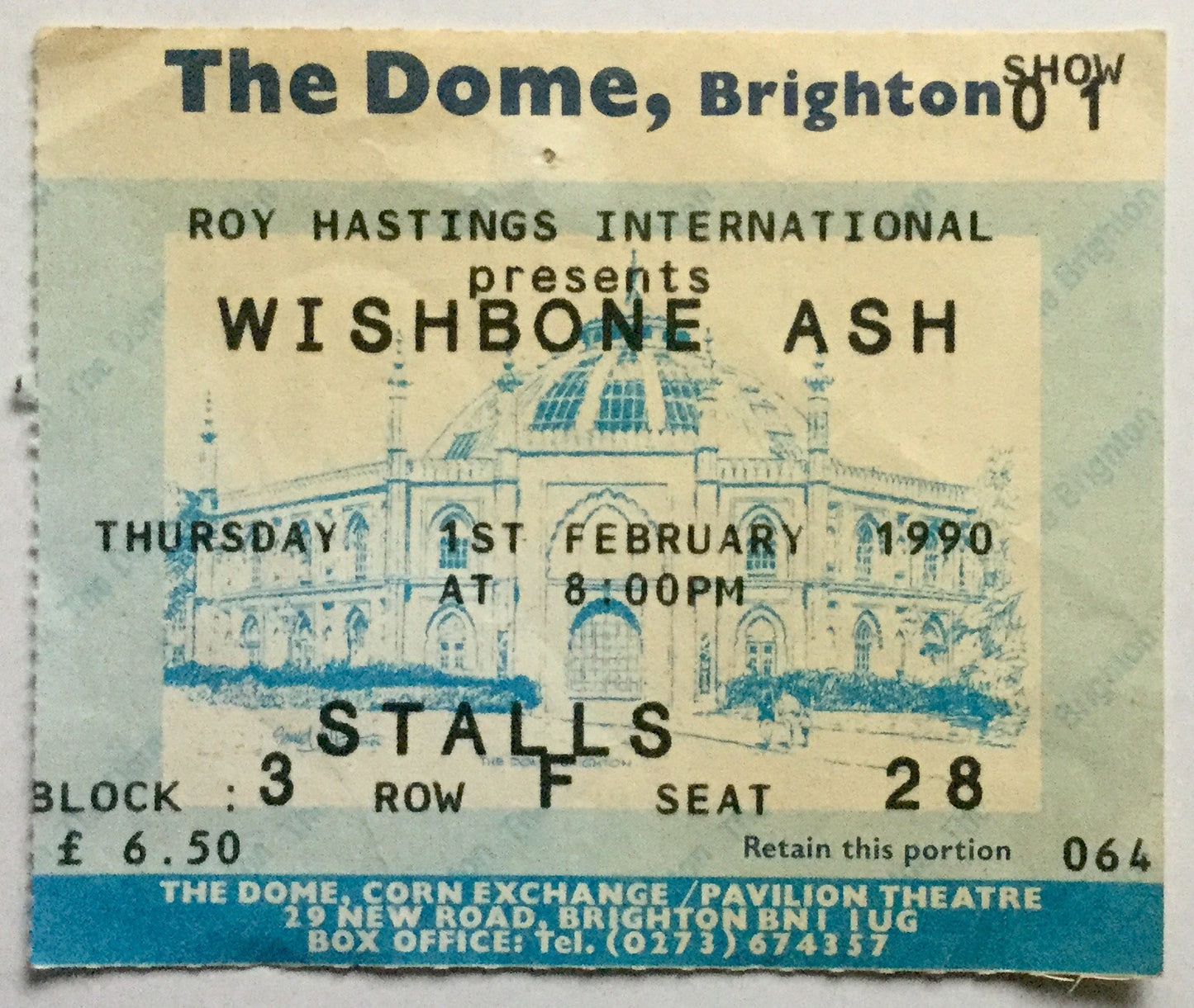 Wishbone Ash Original Used Concert Ticket The Dome Brighton 1st Feb 1990