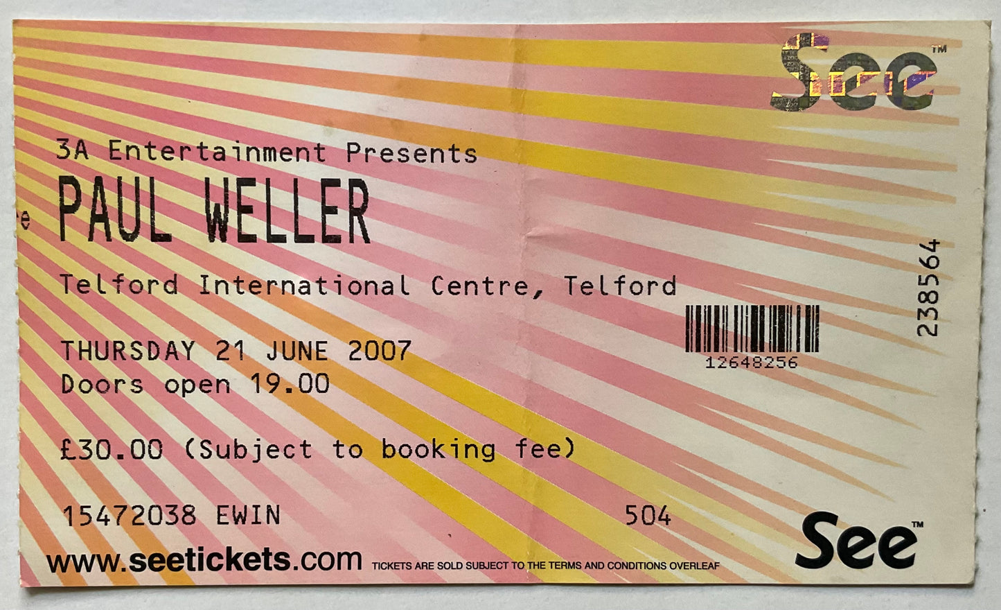 Paul Weller Original Used Concert Ticket Telford International Centre 21st Jun 2007