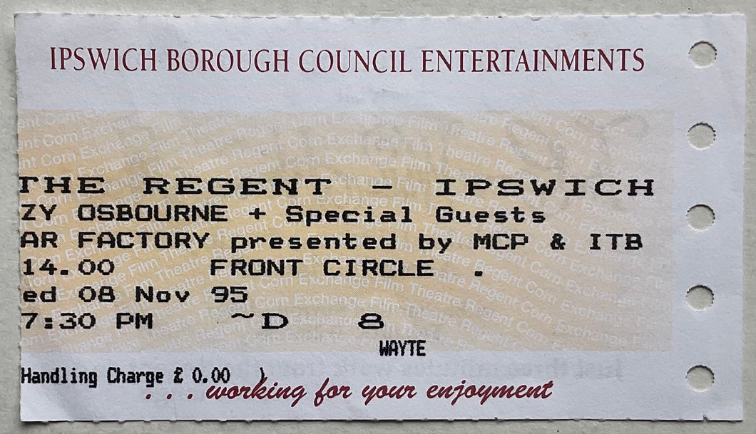 Ozzy Osbourne Original Used Concert Ticket Regent Ipswich 8th Nov 1995