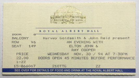 Elton John Ray Cooper Original Used Concert Ticket Royal Albert Hall London 30th Nov 1994