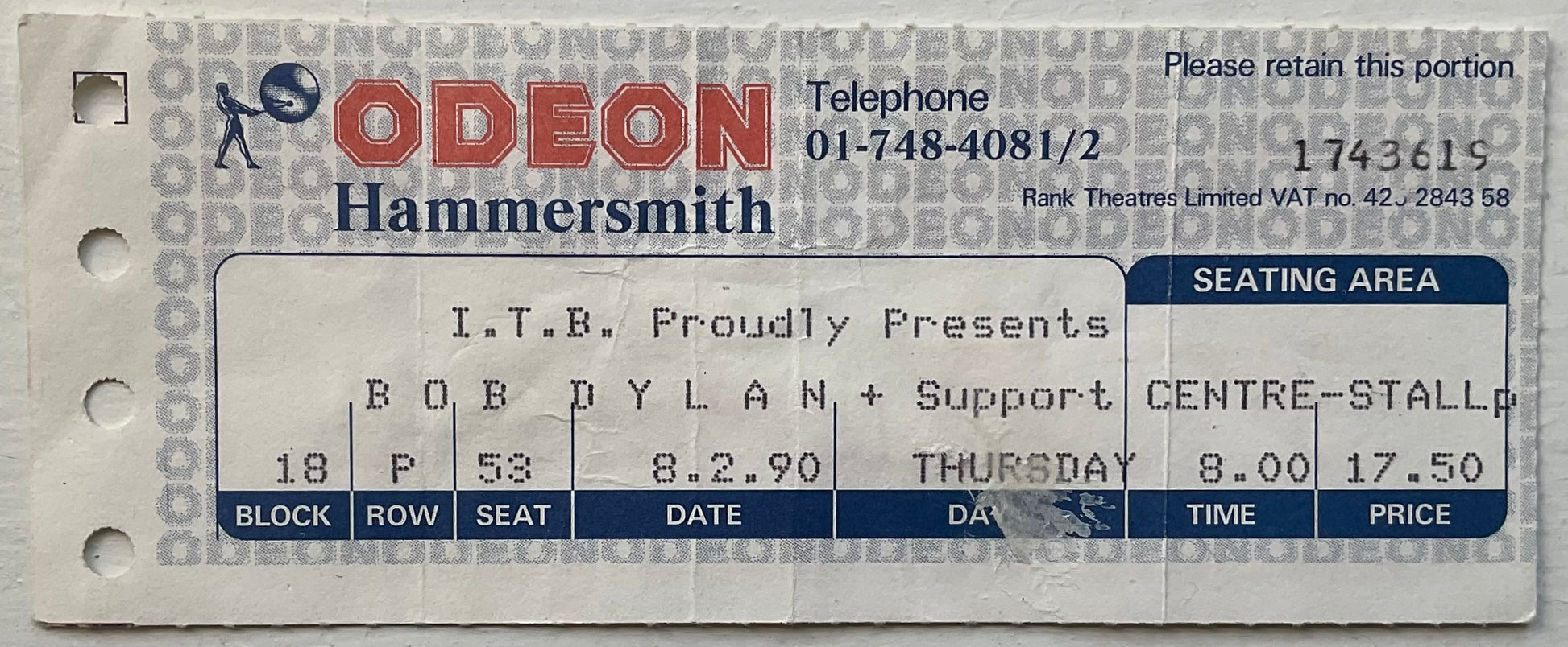 Bob Dylan Original Used Concert Ticket Hammersmith Odeon London 8th Feb 1990
