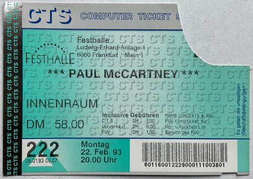 Beatles Paul McCartney Used Concert Ticket Festhalle Frankfurt 22nd Feb 1993