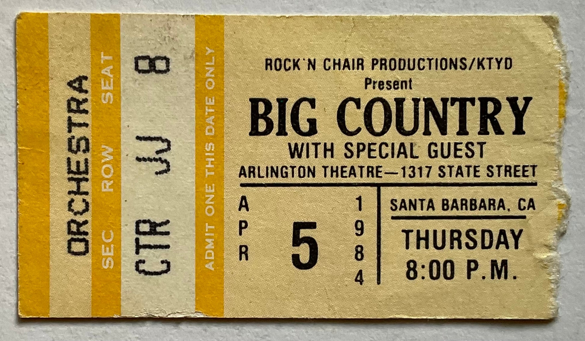 Big Country Original Concert Ticket Arlington Theatre Santa Barbara 5th Apr 1984