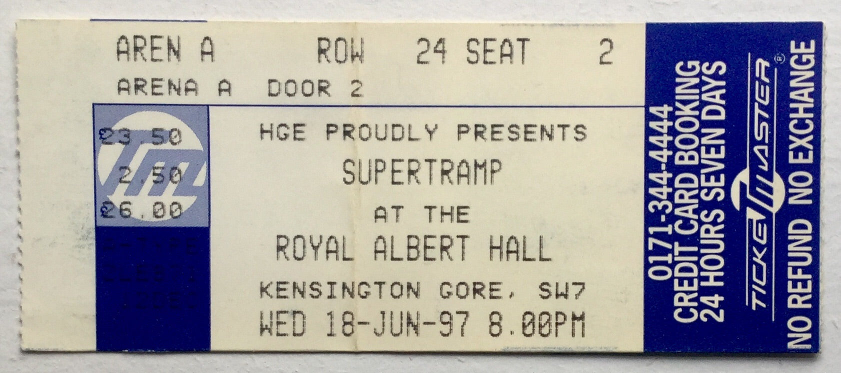 Supertramp Original Used Concert Ticket Royal Albert Hall London 18th Jun 1997