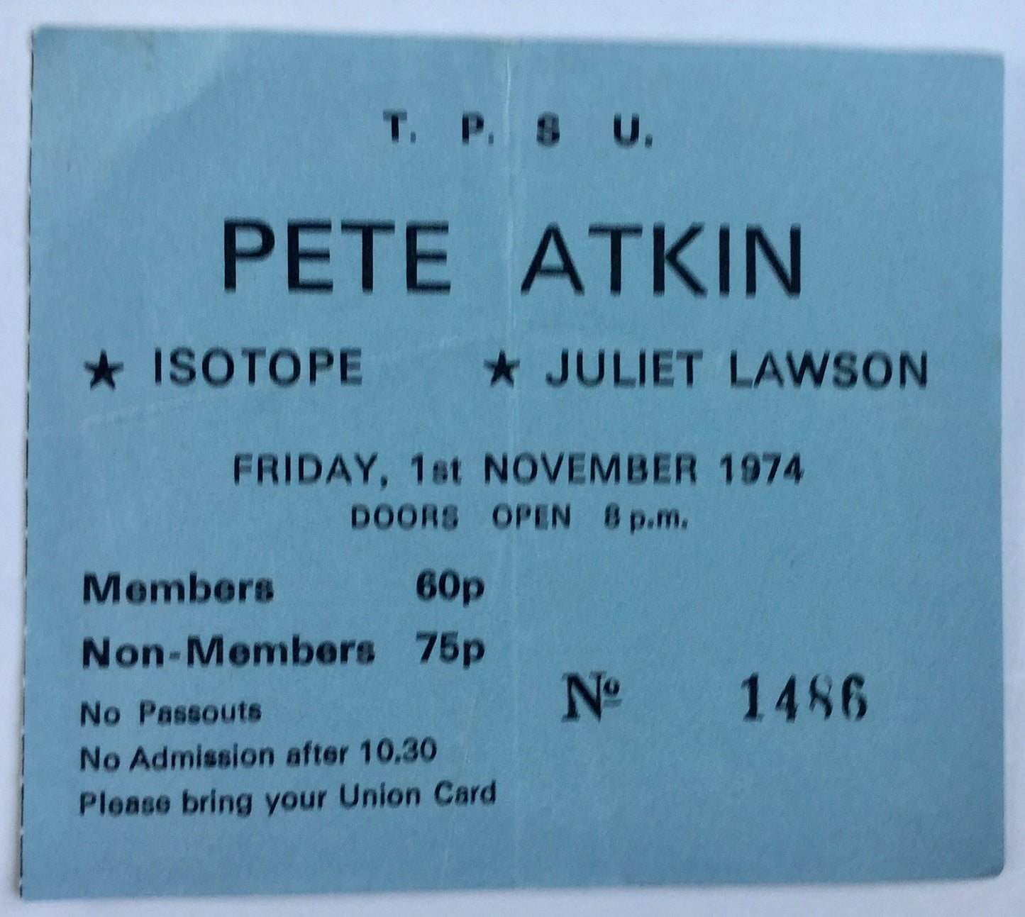 Isotope Peter Atkin Original Used Concert Ticket New Victoria Theatre London 1st Nov 1974