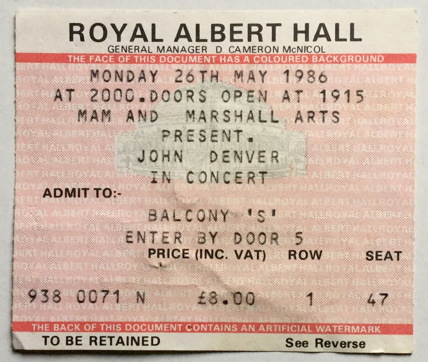 John Denver Original Used Concert Ticket Royal Albert Hall London 26th May 1986