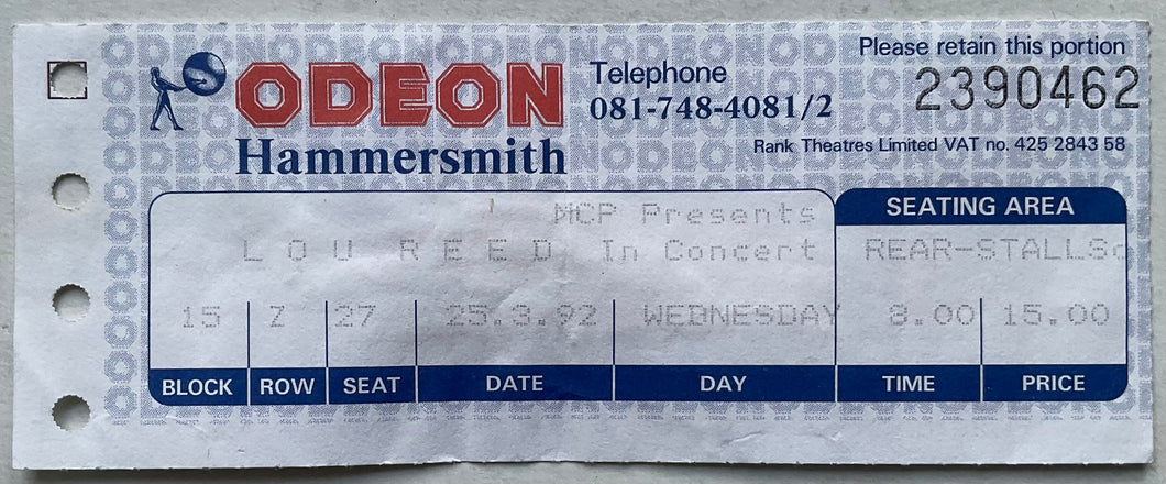 Lou Reed Original Used Concert Ticket Hammersmith Odeon London 25th Mar 1992