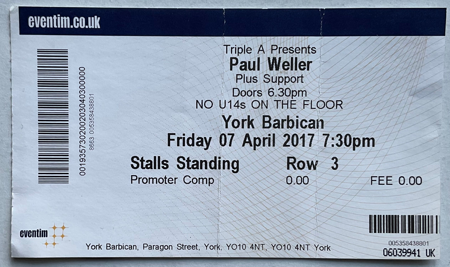 Paul Weller Original Used Concert Ticket York Barbican 7th Apr 2017
