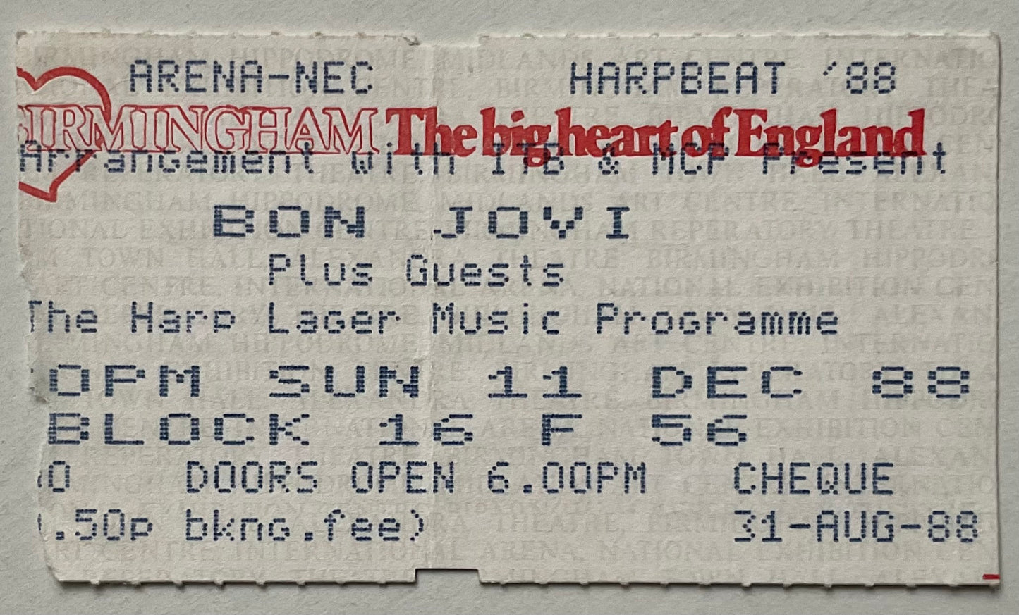 Bon Jovi Original Used Concert Ticket NEC Arena Birmingham 11th Dec 1988