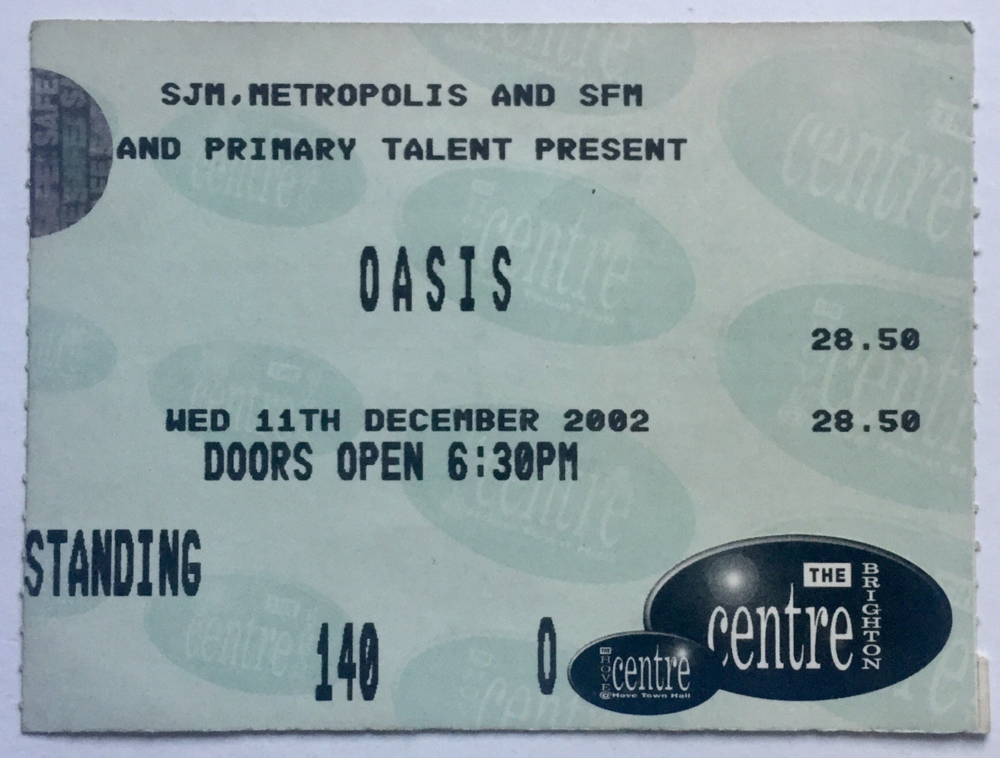 Oasis Original Used Concert Ticket The Brighton Centre 11th Dec 2002
