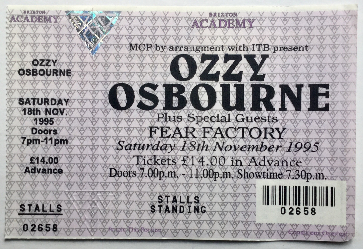 Ozzy Osbourne Original Unused Concert Ticket Brixton Academy London 18th Nov 1995