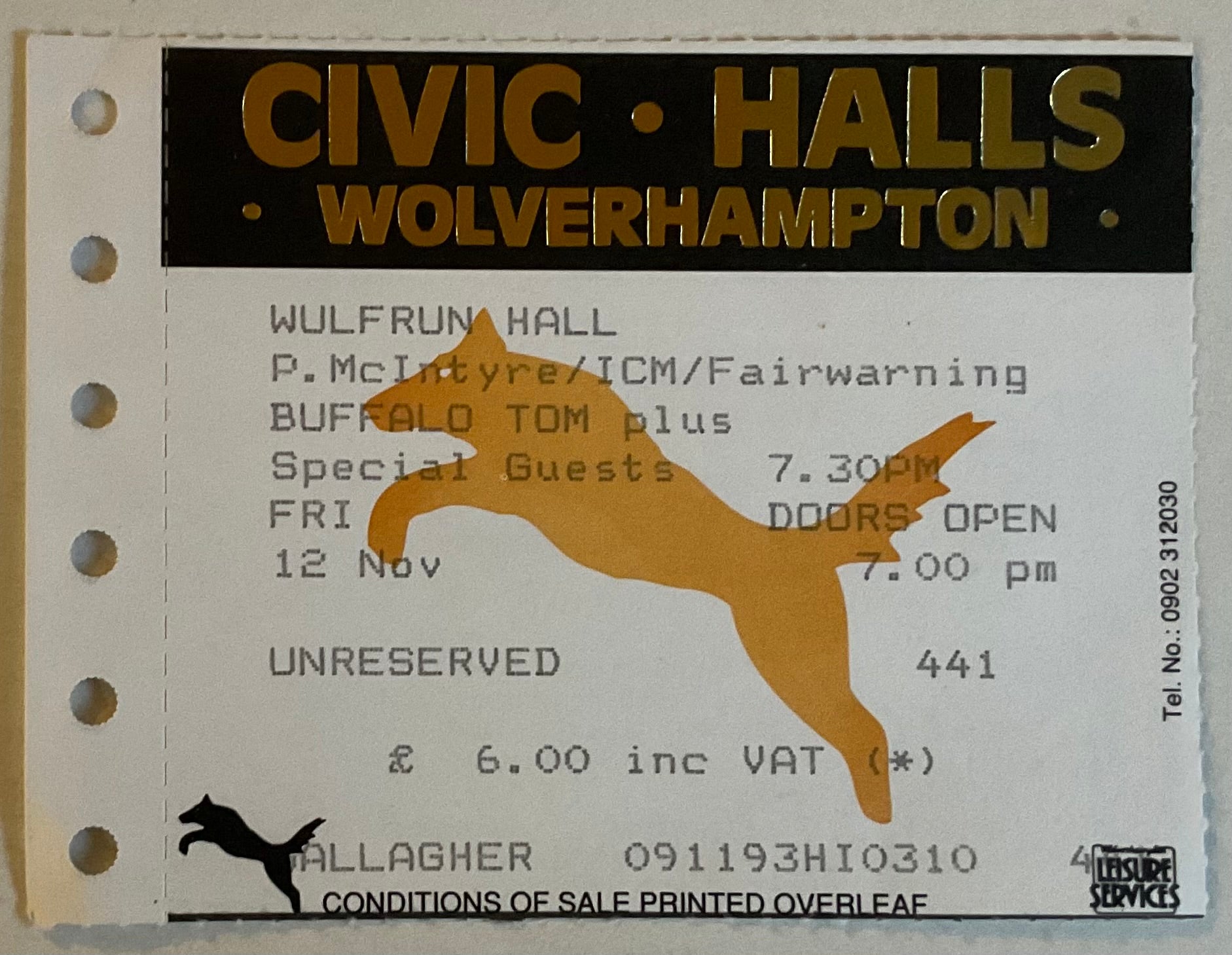 Buffalo Tom Original Used Concert Ticket Wulfrun Hall Wolverhampton 12th Nov 1993