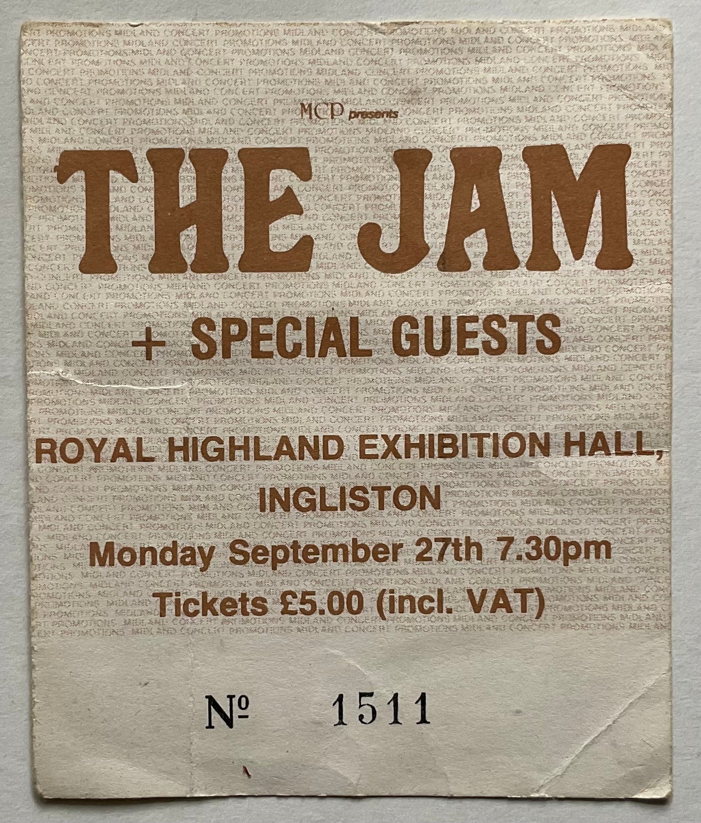 Jam Original Used Concert Ticket Royal Highland Exhibition Hall Ingliston 27th Sept 1982