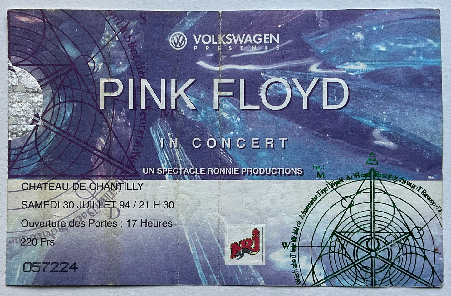 Pink Floyd Original Used Concert Ticket Chateau de Chantilly 20th Jul 1994