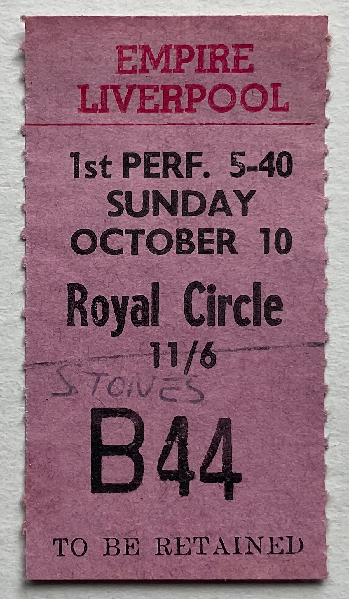 Rolling Stones Original Used Concert Ticket Empire Theatre Liverpool 10th Oct 1965