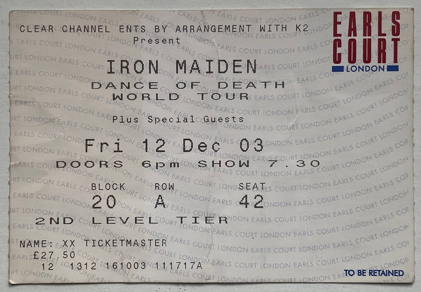 Iron Maiden Original Used Concert Ticket Earls Court London 12th Dec 2003