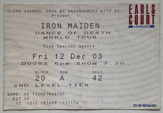 Iron Maiden Original Used Concert Ticket Earls Court London 12th Dec 2003