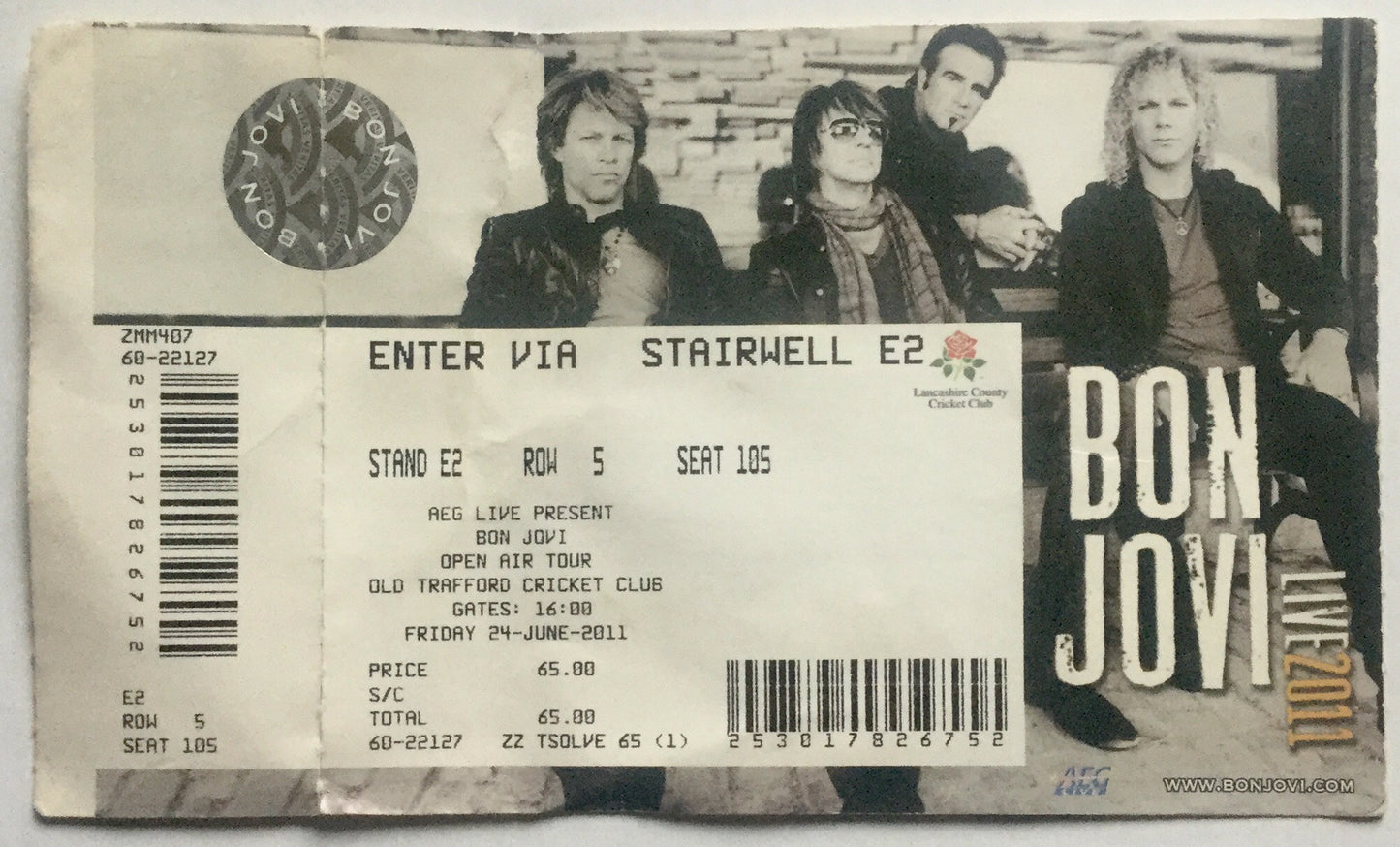 Bon Jovi Original Unused Concert Ticket Old Trafford Manchester 24th Jun 2011