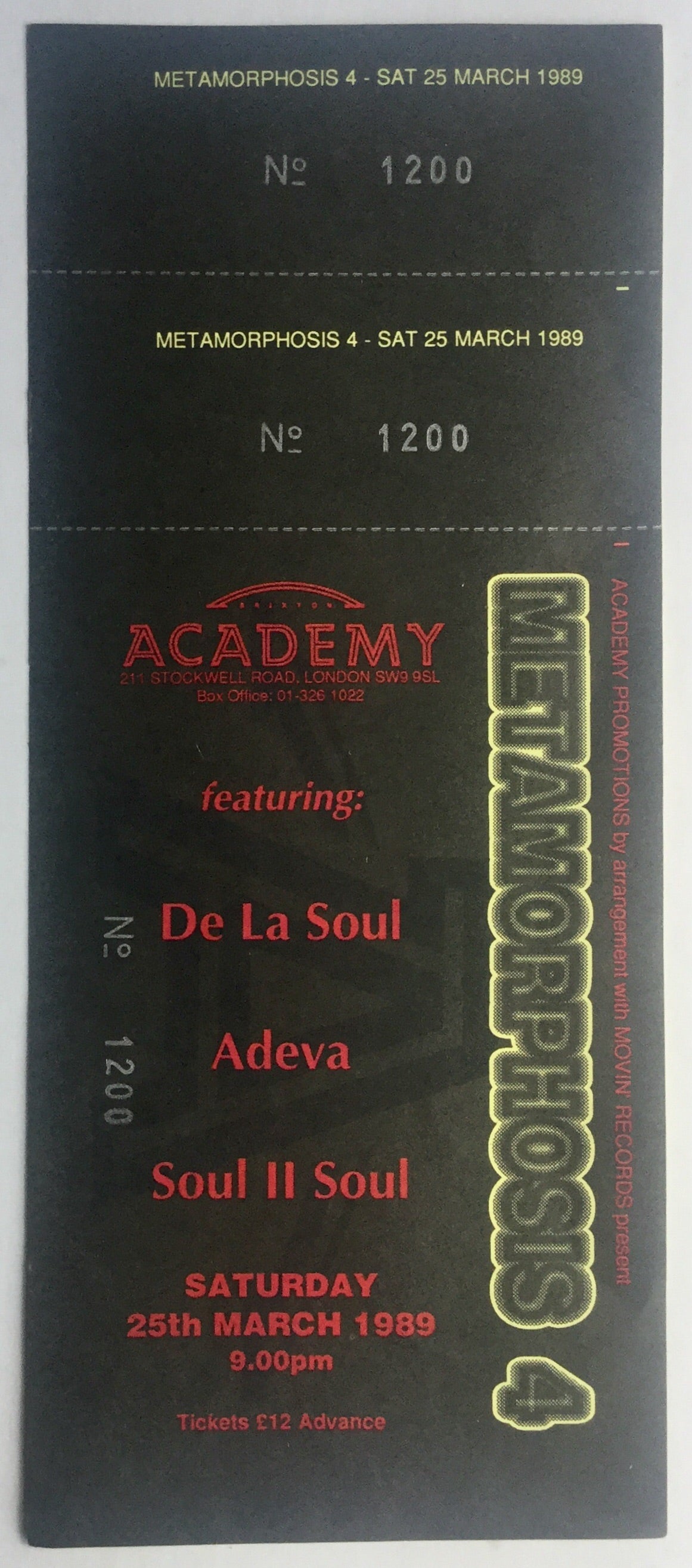 De La Soul Adela Original Unused Concert Ticket Brixton Academy London 25th Mar 1989