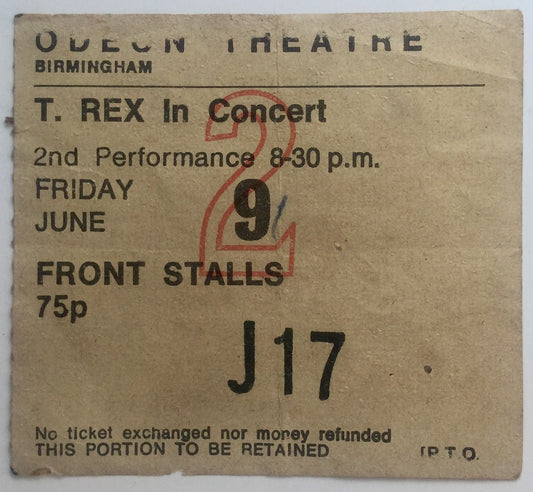 T. Rex Marc Bolan Original Used Concert Ticket Odeon Theatre Birmingham 9th Jun 1972