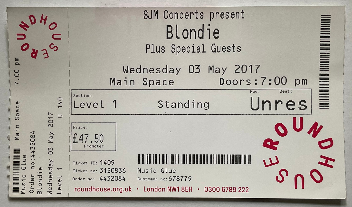 Blondie Original Unused Concert Ticket Roundhouse London 3rd May 2017