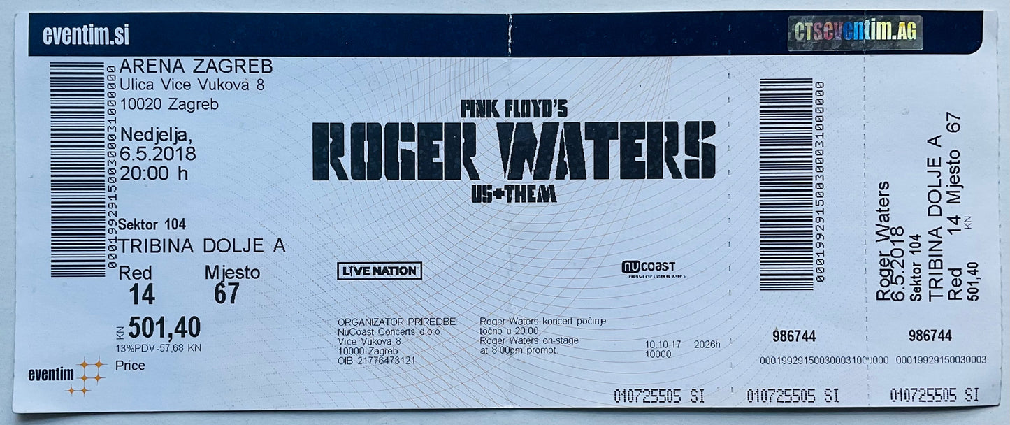 Pink Floyd Roger Waters Original Used Concert Ticket Zagreb Arena 6th May 2018