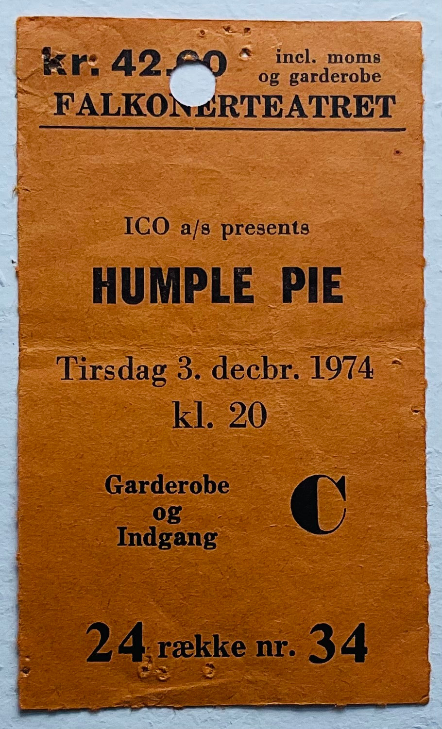 Humble Pie Original Used Concert Ticket Falkonerteatret Copenhagen 3rd Dec 1974