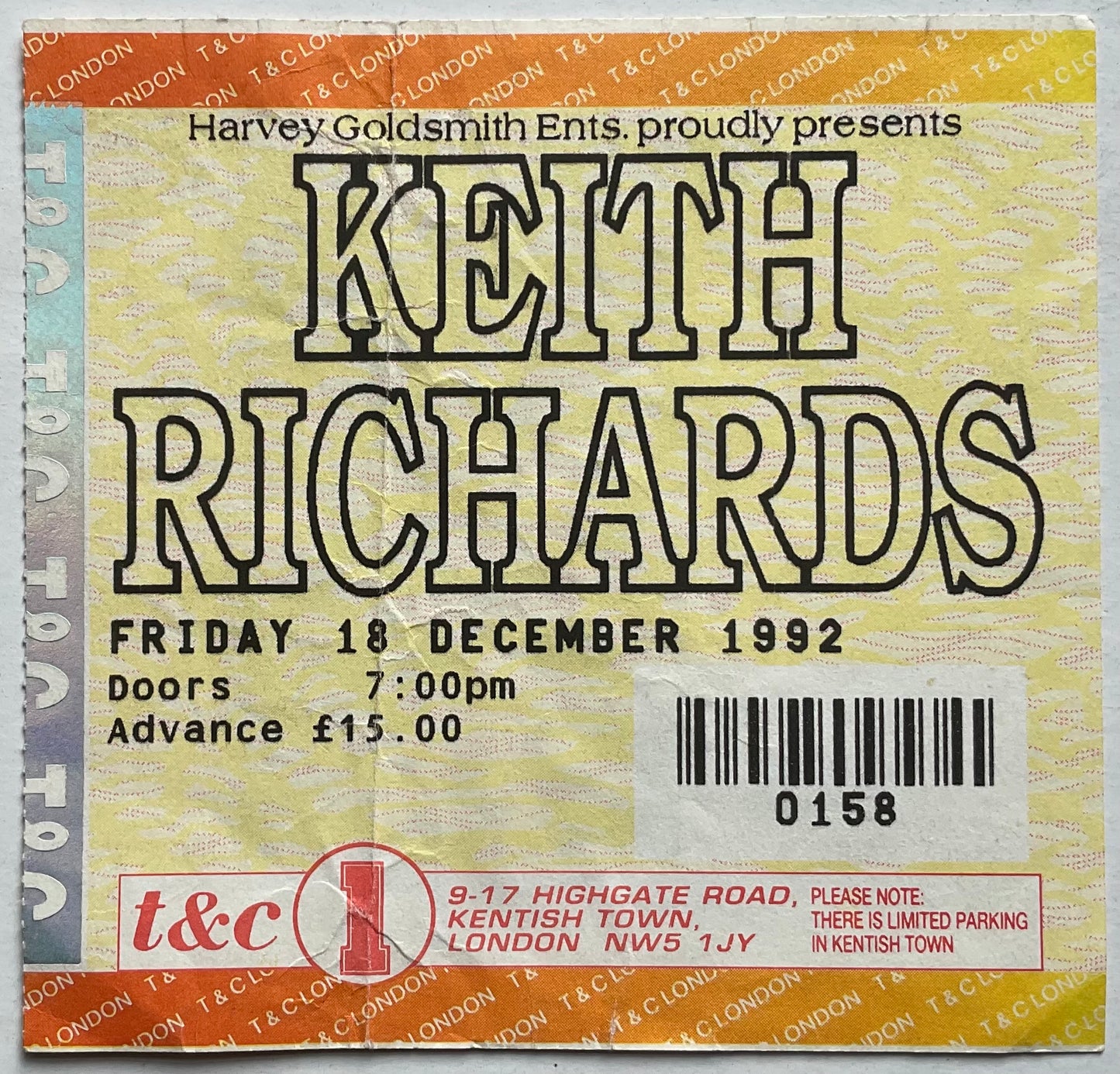 Rolling Stones Keith Richards Original Used Concert Ticket Town & Country Club London 18th Dec 1992