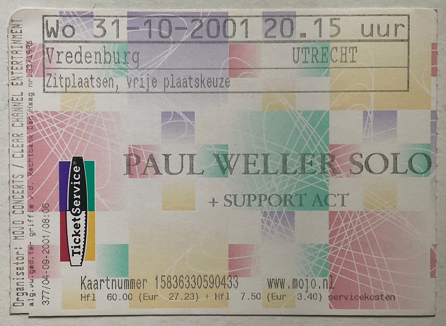 Paul Weller Jam Original Used Concert Ticket Vredenburg Utrecht 31st Oct 2001