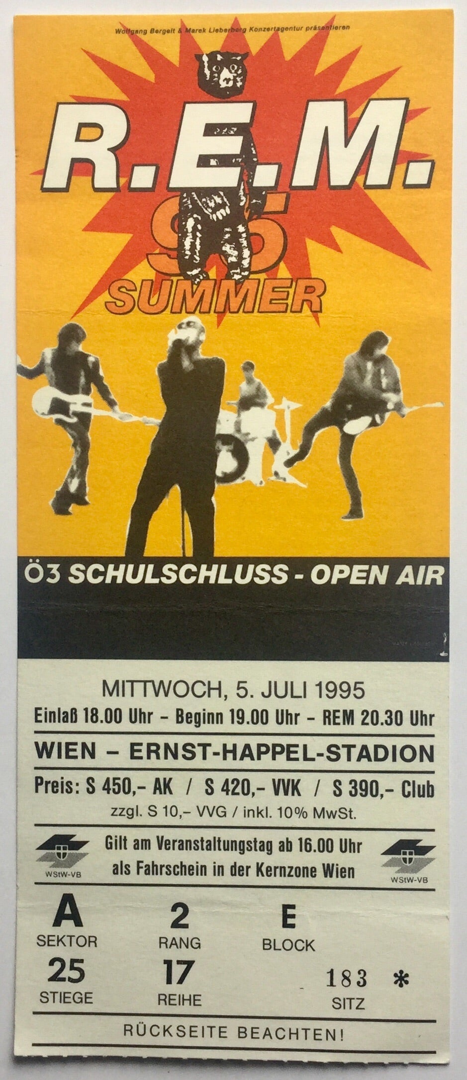 R.E.M. REM Original Used Concert Ticket Ernst Happel Stadion Vienna 5th July 1995